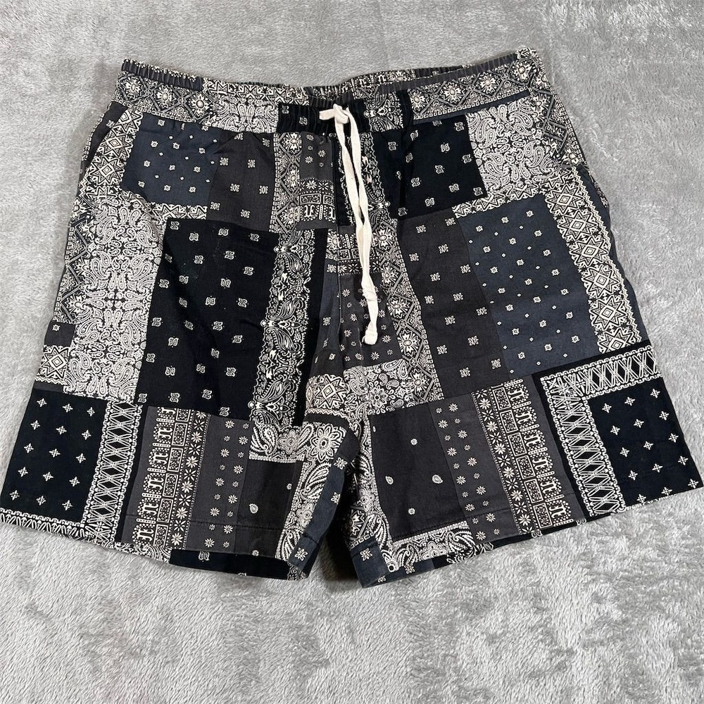 Christos New York Mens Shorts L Black Paisley Bandana Elastic Waist Drawstring